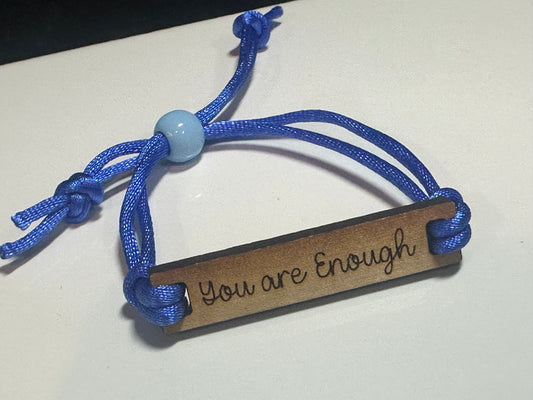 Blue Nylon Bracelet with Custom Engraved Wooden Disc | Adjustable Vegan Bracelet - Blue Movement Symbol | Custom Quotes Available