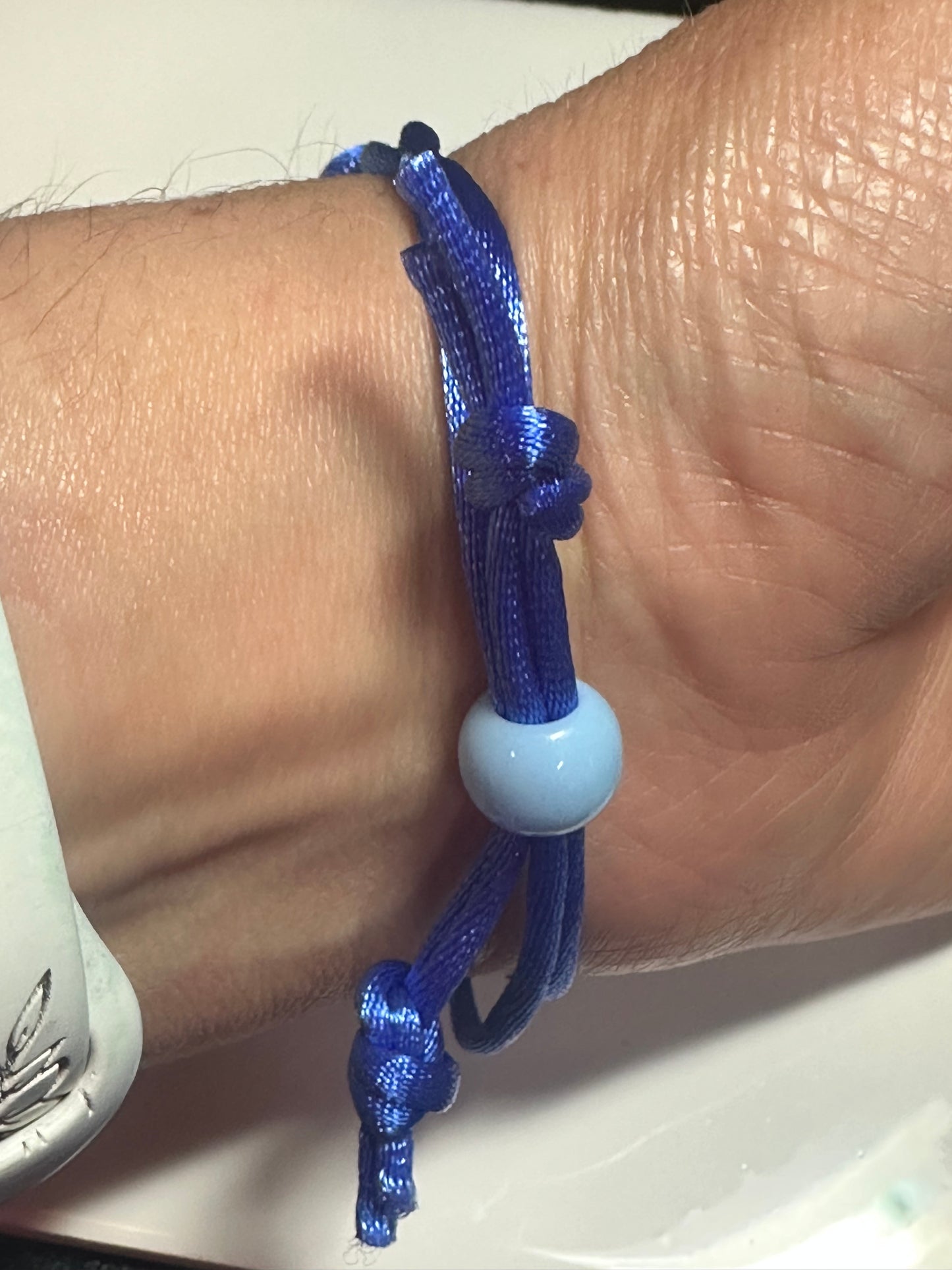 Blue Nylon Bracelet with Custom Engraved Wooden Disc | Adjustable Vegan Bracelet - Blue Movement Symbol | Custom Quotes Available